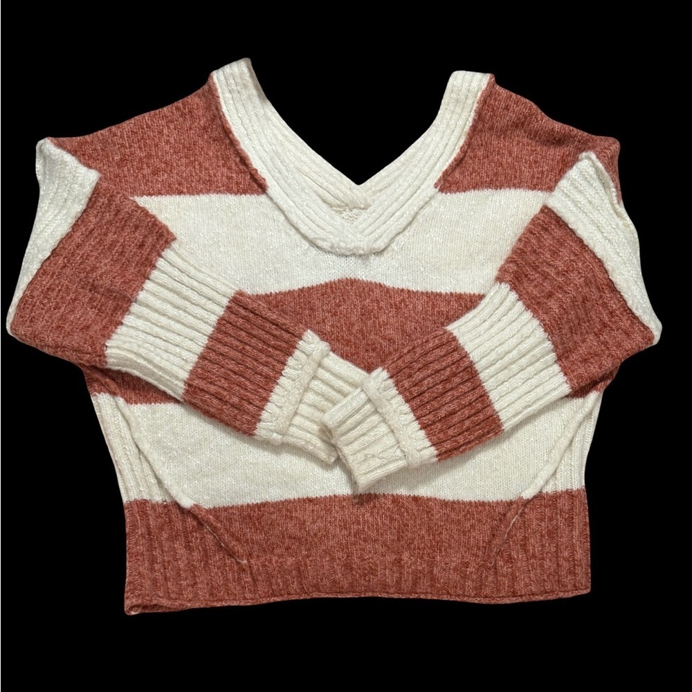 POL Rust Cream Soft Knit Striped V Neck Sweater Size Small Cozy Boho Casual - Picture 2 of 6
